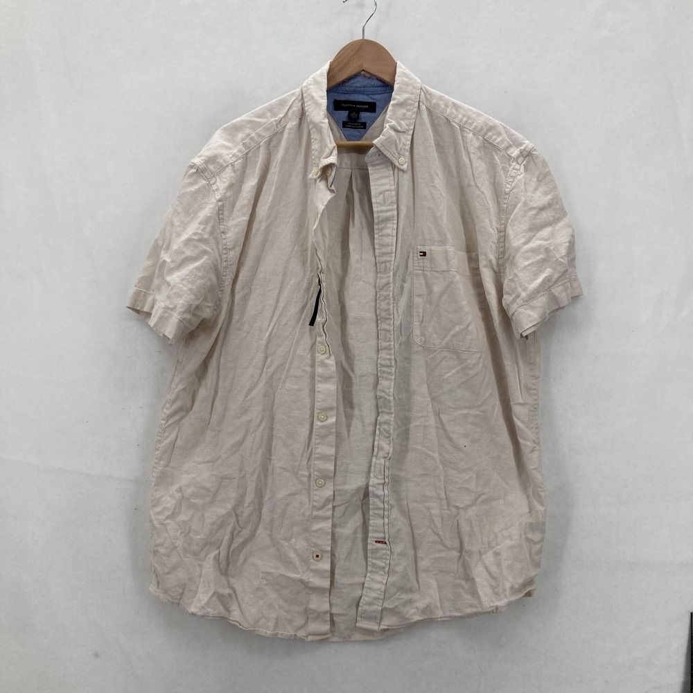 Tommy Hilfiger Shirt Mens XL Beige Linen Short Sleeve Button Down Regular Fit